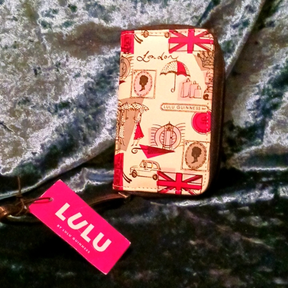 Lulu Guinness wristlet wallet in a cute London Town print in red pink and grey